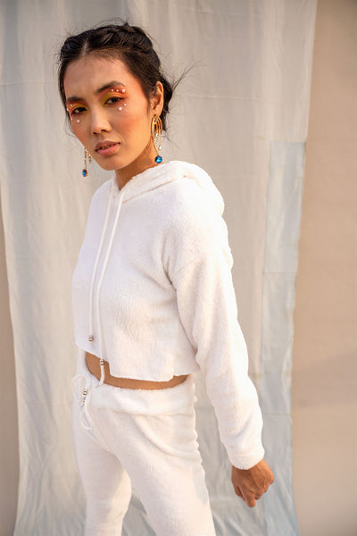 Soft Touch Fitted White Joggers and Crop Hoodie Set