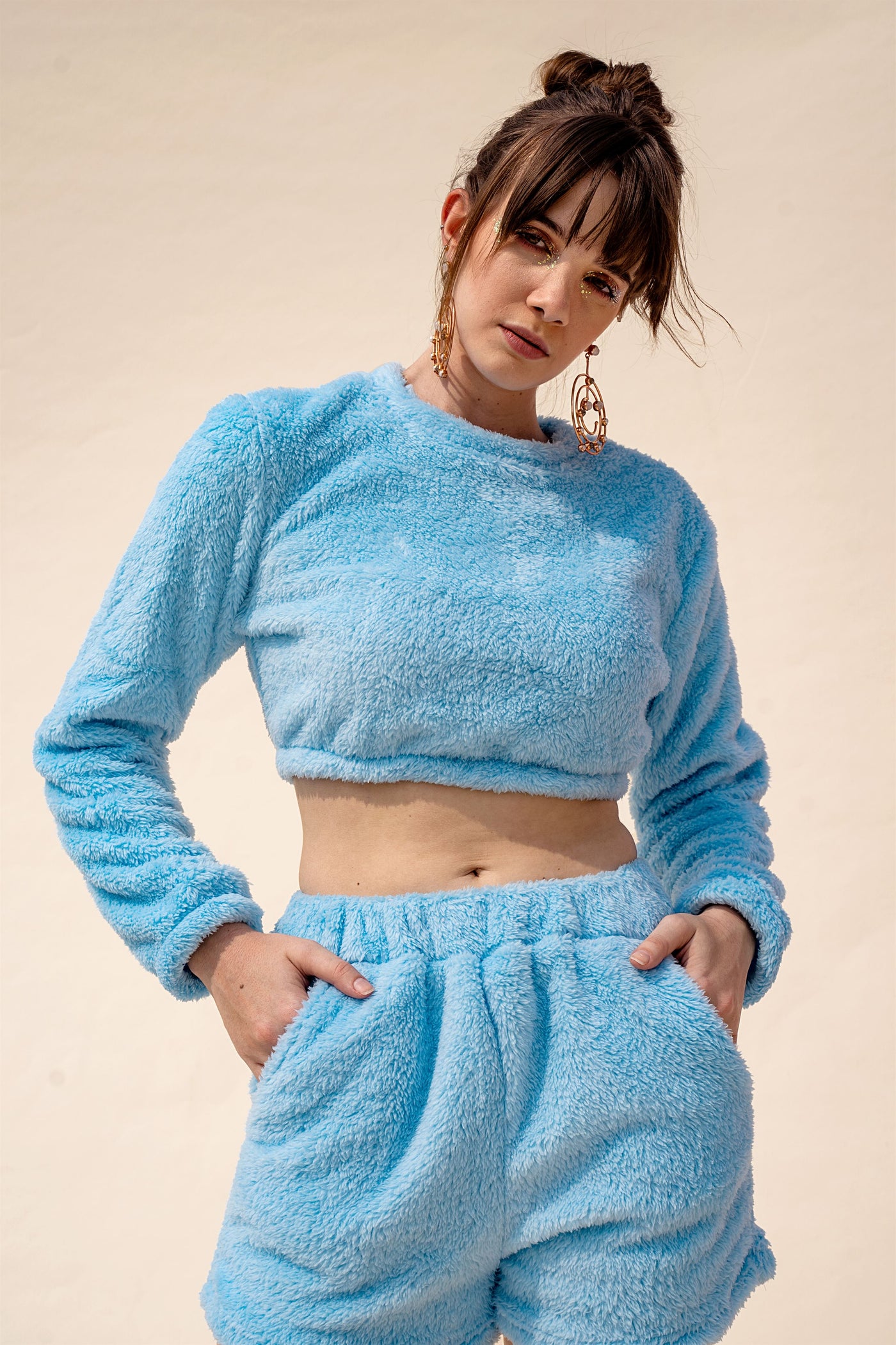 Faux Shearling Shorts & Crop Cozy Co-Ord Set - Baby Blue