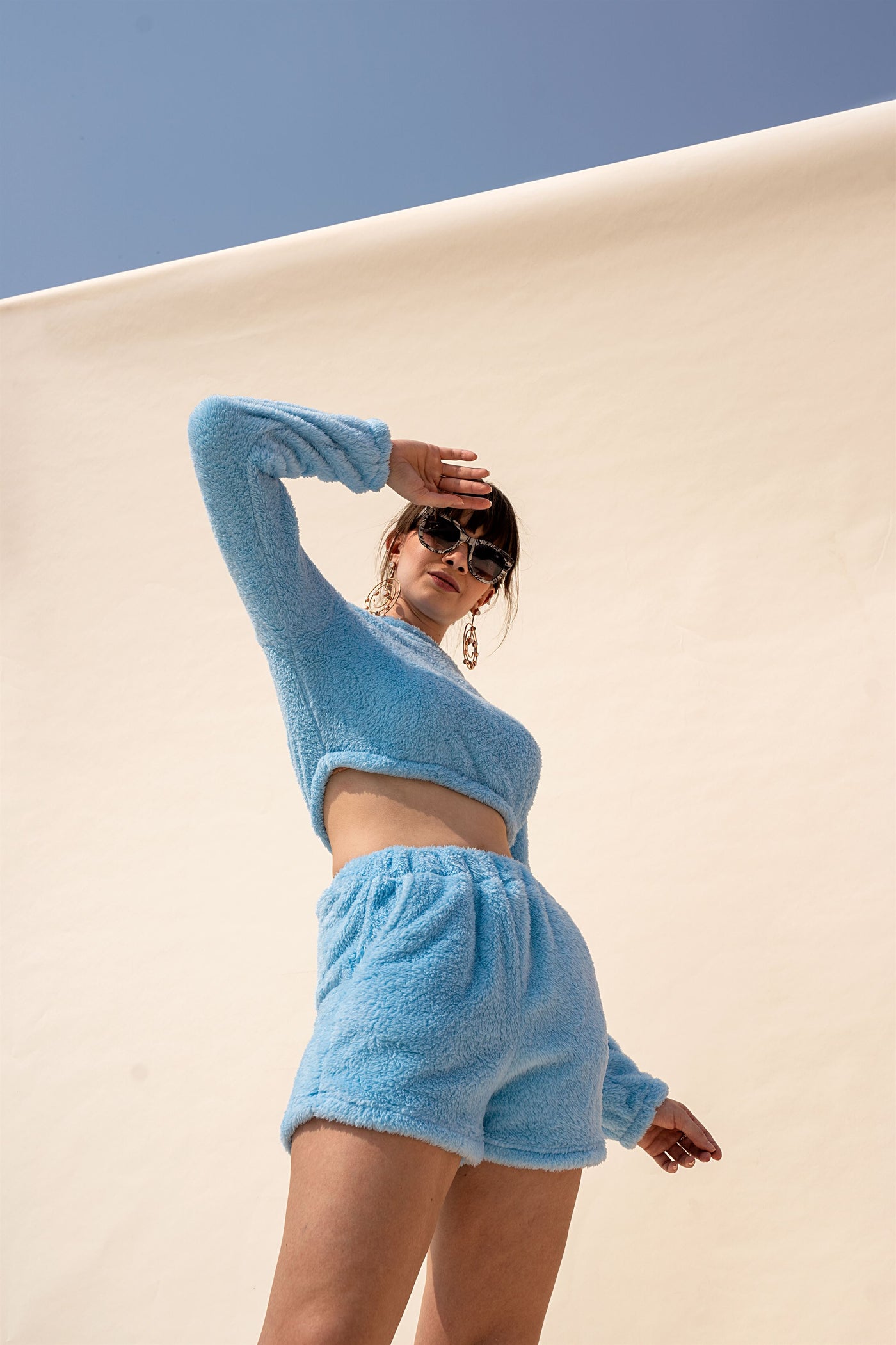 Faux Shearling Shorts & Crop Cozy Co-Ord Set - Baby Blue