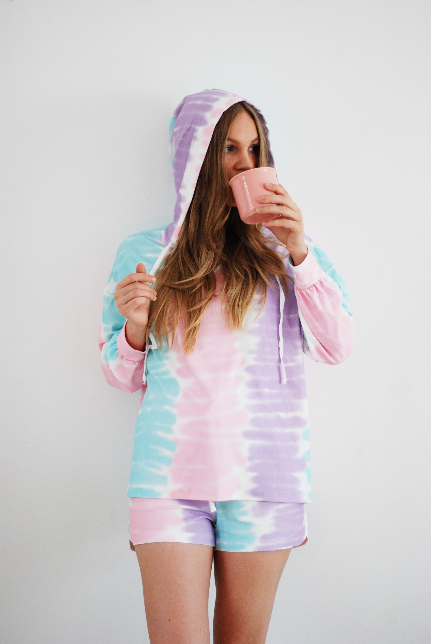 Multicolored Tie Dye Knit Hoodie & Runner Shorts Set