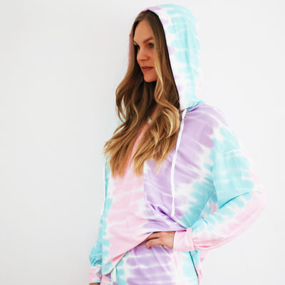 Multicolored Tie Dye Knit Hoodie & Runner Shorts Set